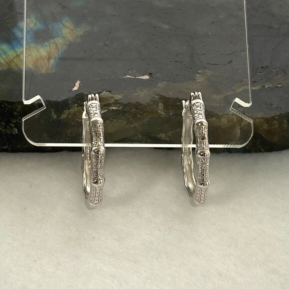 Sterling Silver 925 DBJ Bamboo Style Single Diamond Hoop Earrings MISSING STONE - Picture 2 of 16